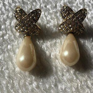 Rhinestone and (Cream) Faux Pearl, Drop, Pierced Earrings, "crisscross" design